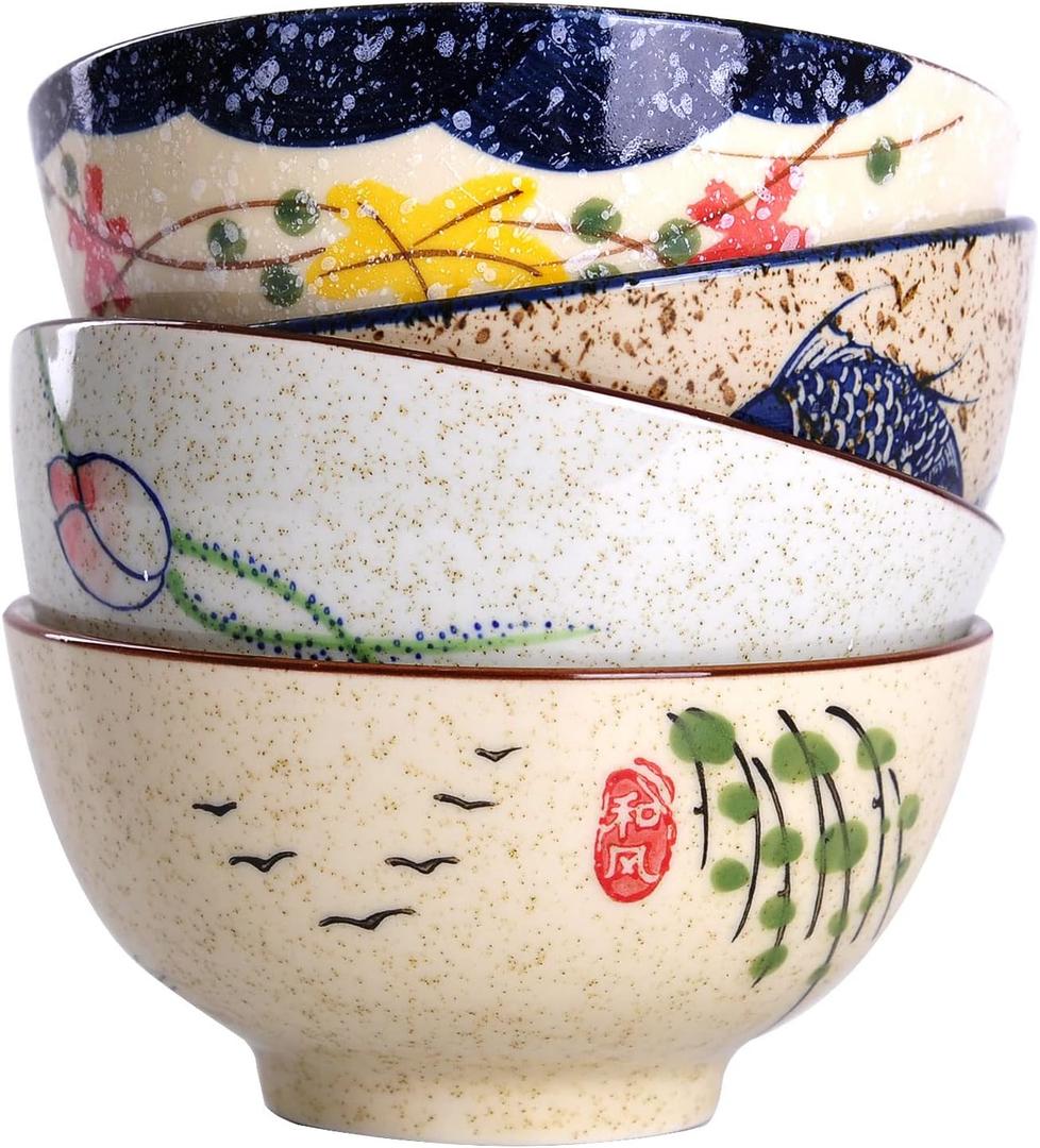 WHJY 4.5 inch Set in 4 Retro Chinese Japanese Creative Hand-painted Floral Cereal Ceramic Soup Rice Bowl