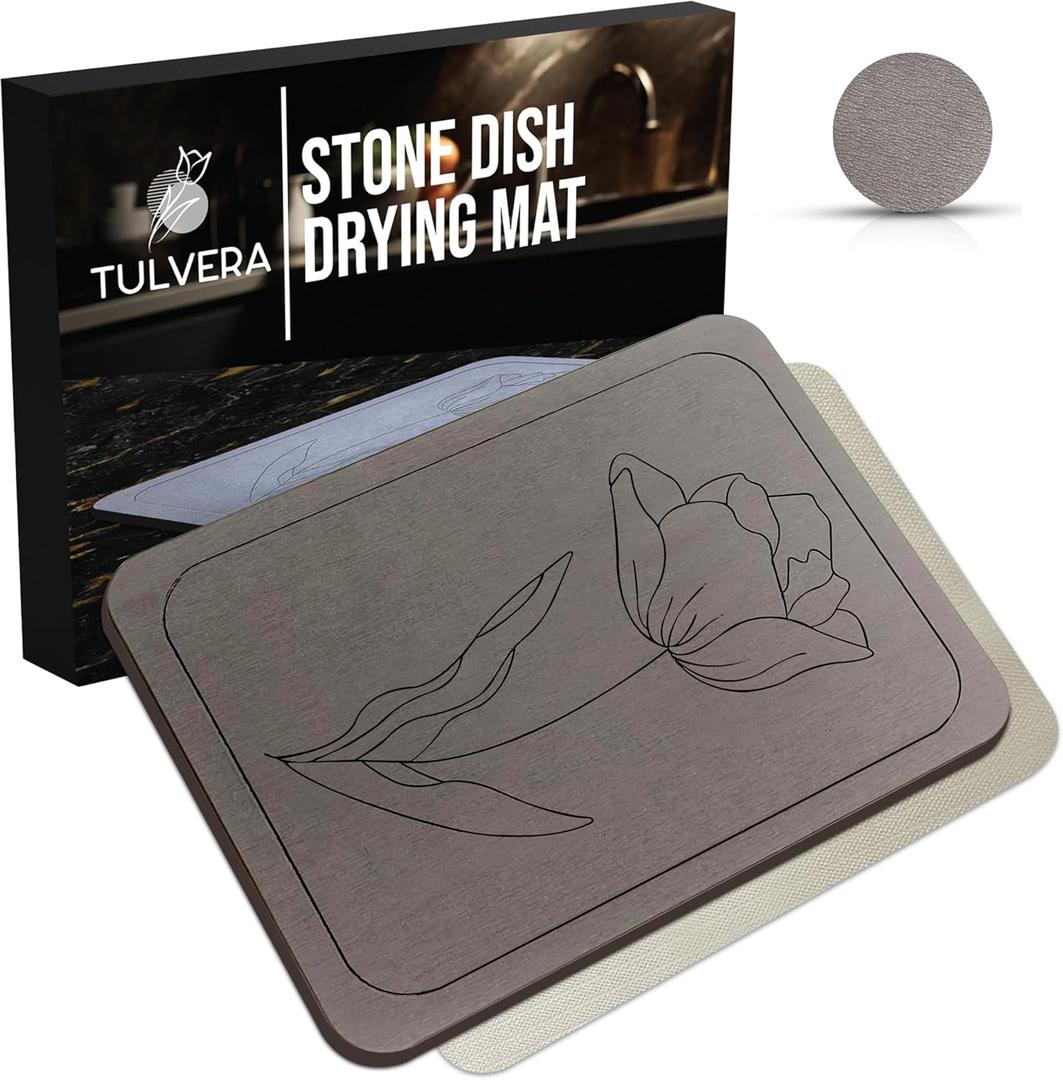TULVERA Stone Dish Drying Mat for Kitchen Counter – Diatomaceous Earth Drying Mat | FastAbsorbing, Minimalist Design, Durable Diatomite | NonSlip, Heat Resistant, EasytoClean | 16"x12" | USA Brand