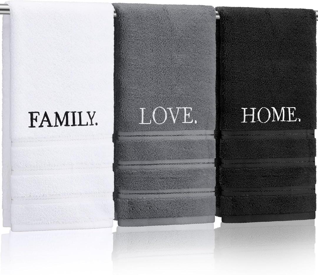 3 Pcs Farmhouse Decorative Hand Towels for Bathroom and Kitchen Rustic Embroidered 100% Cotton Hand Towels Decorative Set for Boho Bathroom Decor(Home Love Family) (Black)