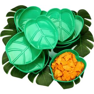 Palm Leaf Snack Tray Hawaii Style Reusable Food Tray with Tropical Imitation Green Plant Leaves, Cookies Chips, Candy Dip, for Jungle Island Luau Party Theme Decorations Birthdays 12 Sets,8.3 x 7 Inch