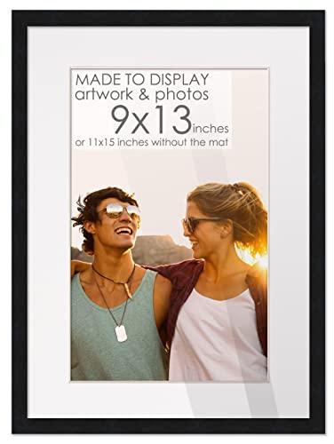 9x13 Black Wood Frame with White Mat | 11x15 Matted to 9x13 | UV Acrylic Shatter Guard, Foam Board Backing, Wall Hanging Hardware - Solid Pine