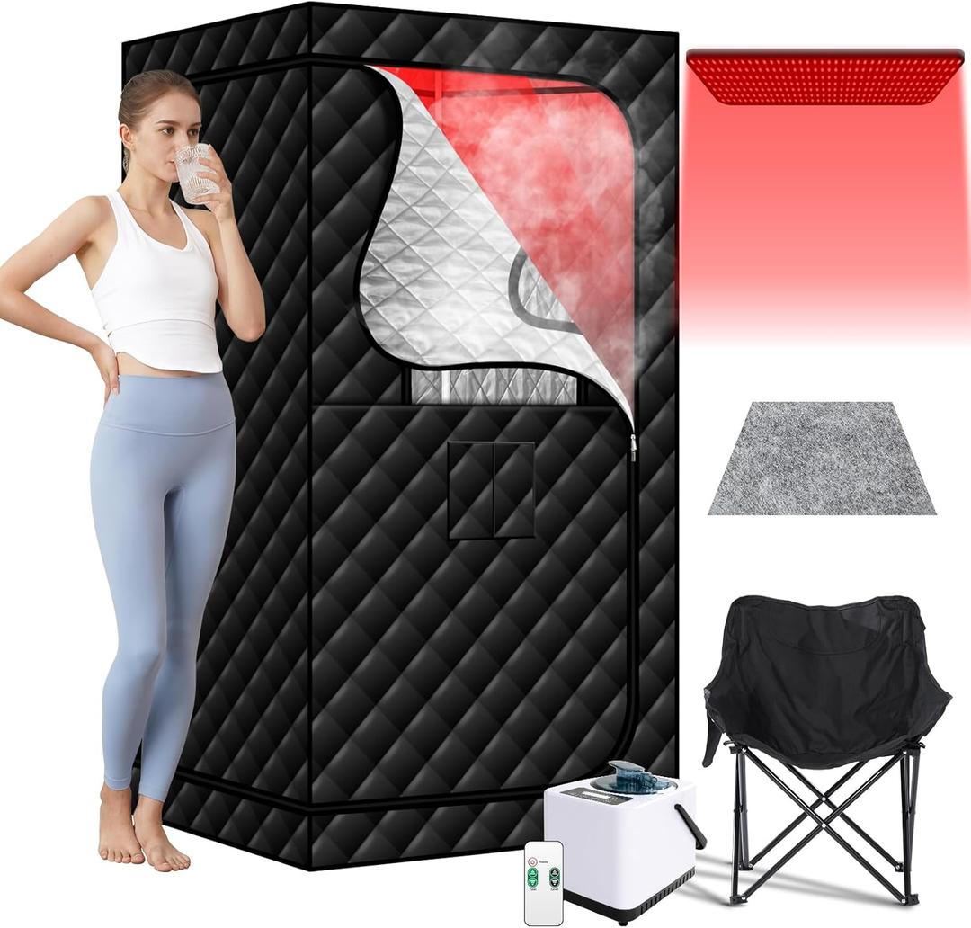 Portable Steam Sauna with 660nm Red Light Therapy Lamp, Full Size Infrared Saunas Tent with 3L Steamer, Personal Heat Box with Remote Control & Oversized Chair for Home/Gym/Garage (black)