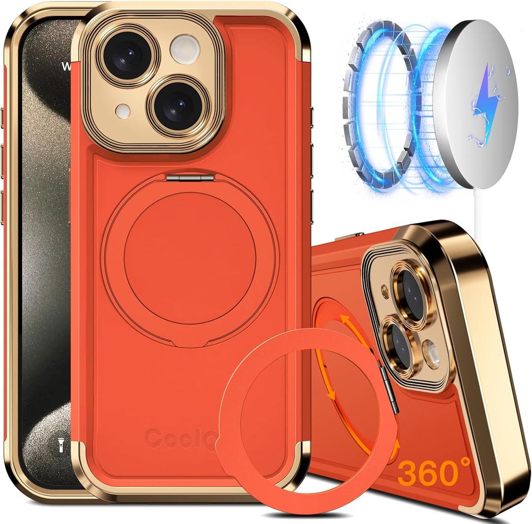 COOLQO for iPhone 14 Case 6.1'' Upgraded 360 Spin Magnetic Stand [Compatible with Magsafe][Military Grade Drop Protection] Shockproof Protective Phone Holder Cover for iPhone 14, Orange Gold
