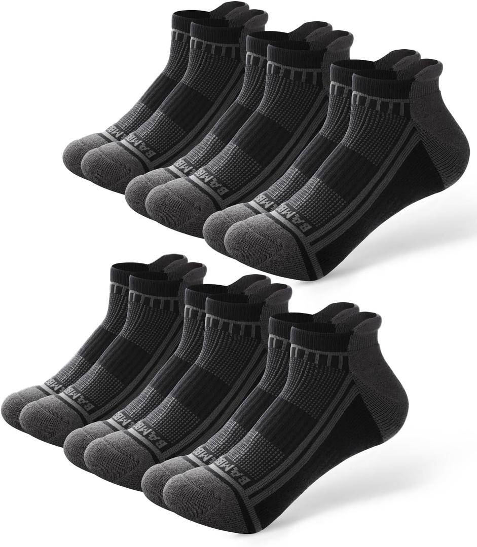 BAMBOO COOL Men's Ankle Socks Moisture Wicking Breathable Odor Control Athletic Cushioned Running Socks Arch Support 8 Pack (Large, 6c-black*6)