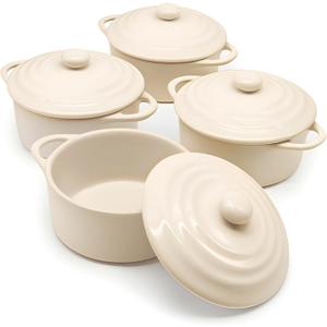 Kook Ceramic Mini Cocotte Set, Small Casserole Dishes with Lids and Handles, Individual Baking Ramekins, Oven, Microwave & Dishwasher Safe, Stoneware, 12 oz, Set of 4 (Ivory)