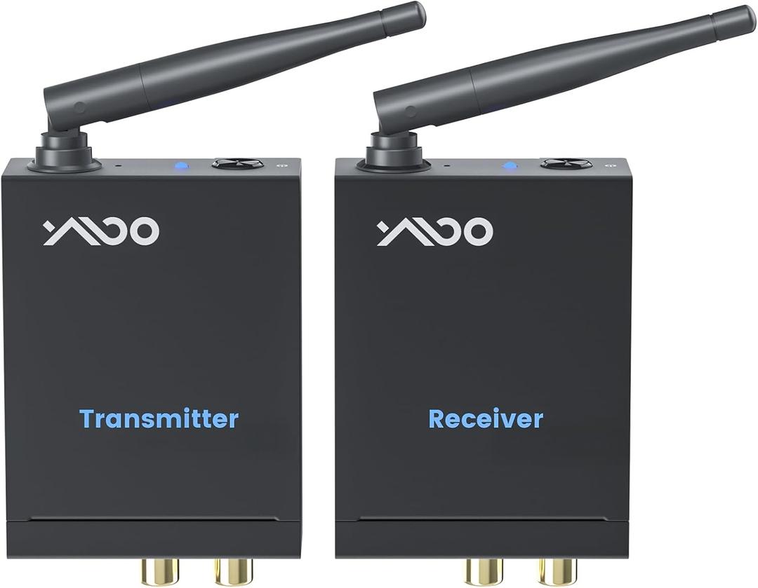 YMOO 2.4GHz Wireless Audio Transmitter and Receiver (1 TX+2 RX), 2 Receivers for Two Speakers, 20ms Ultra Low Latency HiFi Audio, 320ft Range RCA Jack Wireless Adapter for TV/PC/CD Player/Home Stereo