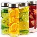 Juice Bottles - 4 Pack Wide Mouth Glass Bottles with Lids - for Juicing, Smoothies, Infused Water, Beverage Storage - 16oz, BPA Free, Stainless Steel Lids, Leakproof, Reusable, Borosilicate