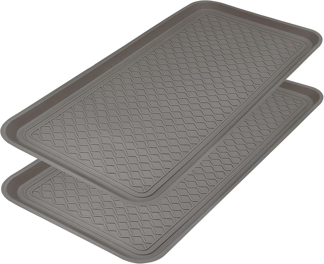 Finorder Multi-Purpose Utility Boot Trays with Striped, Set of 2 Grey Duty Shoe Trays for All Weather, Plastic Pet Feeding Mat, Use for Indoor and Outdoor, 30" x 15" x 1.2"
