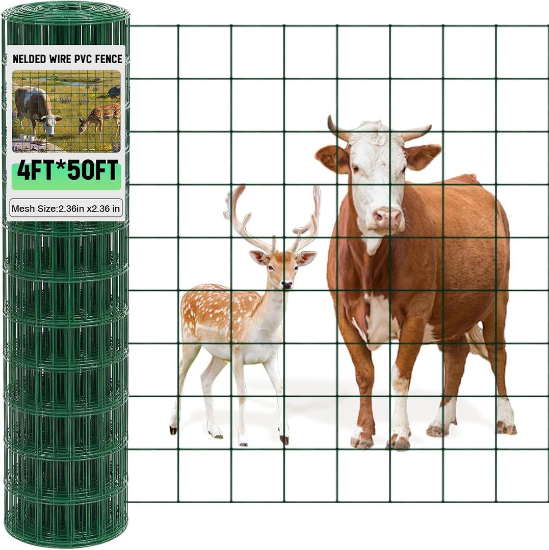 Gisafai 16 Gauge Galvanized Welded Wire Fence 4 ft x 50 ft PVC Coated Hardware Cloth, 2.36" x 2.36" Mesh, Heavy Duty Garden Fencing Roll for Chicken, Dog Yard, Deer Cattle & Animal Protection(Green)