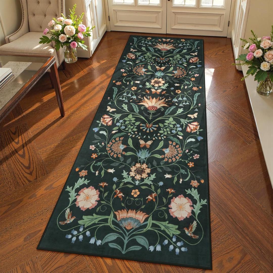 Collive Washable Runner Rugs for Hallways 2x6, Black Kitchen Carpet Boho Spring Floral Bathroom Runners Rug Non Slip, Soft Vintage Laundry Carpets Non Shedding Indoor Mats for Entrance, Bedroom
