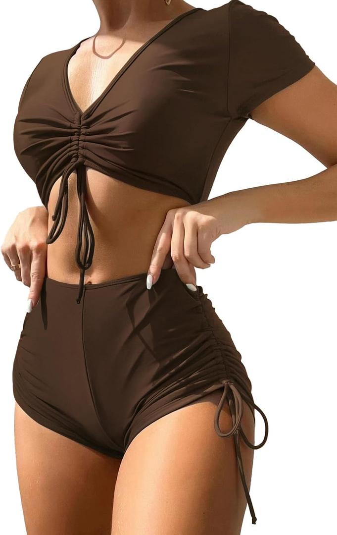 Lilosy High Waisted Tummy Control Drawstring Bikini Set Srting Swimsuit Short Sleeve Top and Tie Side Shorts 2 Piece (X-Large)