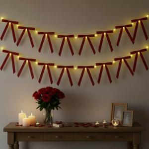 13ft Velvet Bow Garland with String Lights Velvet Bow Garland Banner Valentines Galentines Indoor Decor for Wedding Holiday Party Wall Home Front Door(Red)