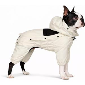 LOVELONGLONG Waterproof Dog Raincoat with Removable Hood  Outdoor Full Body Dog Jacket, Windproof Snowproof Shell Suit  All Season Pet Rain Gear Ivory L (L (Back 16.5"))
