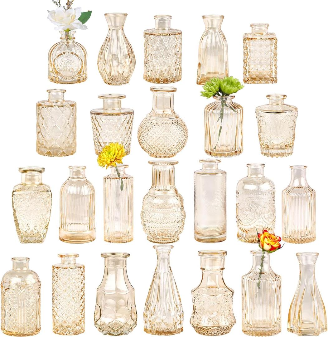 TBWIND Glass Bud Vase Set of 24, Small Amber Flower Vases for Centerpieces in Bulk, Mini Vintage Vase for Wedding Decor, and Home Table Dcor