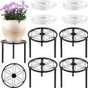 4 Pack 9" Metal Plant Stand for Indoor Outdoor Plants, Round Plant Shelf with Clear Catch Water Tray, Heavy Duty Flower Pot Stand Holder, Rustproof Iron Black