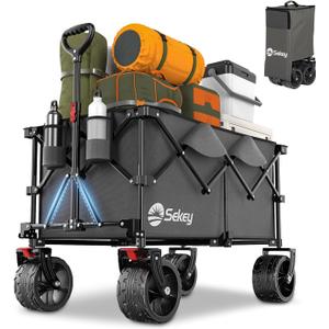 Sekey 330lbs Collapsible Foldable Wagon with Large Capacity, Heavy Duty Folding Utility Garden Cart with Big All-Terrain Beach Wheels & Drink Holders. Gray (300L Wide Wheels)