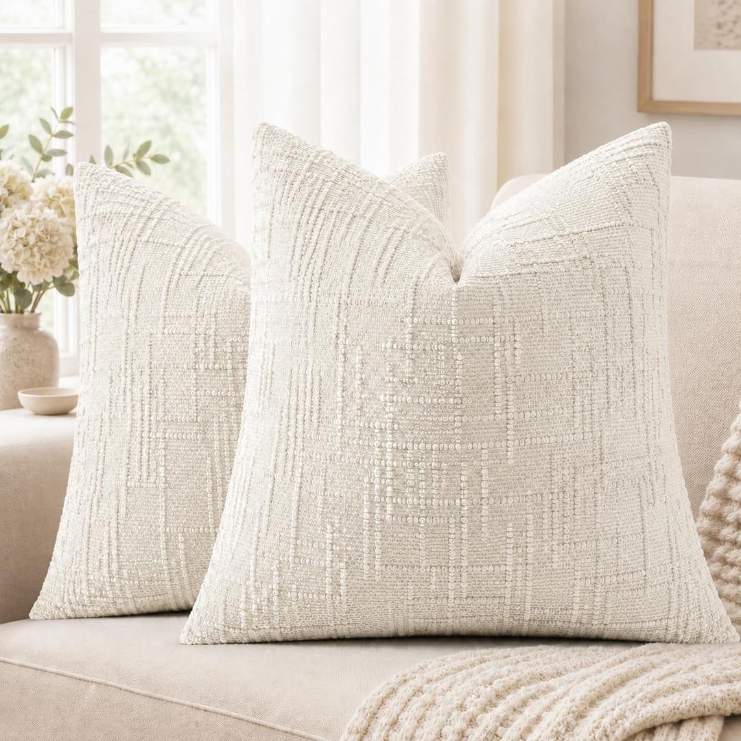 Chenille Throw Pillow Covers 18x18 Inch Cream White, Set of 2 Soft Decorative Couch Sofa Pillow Cases, Durable Accent Cushion Covers for Living Room, Bedroom, Farmhouse & Modern Home Decor