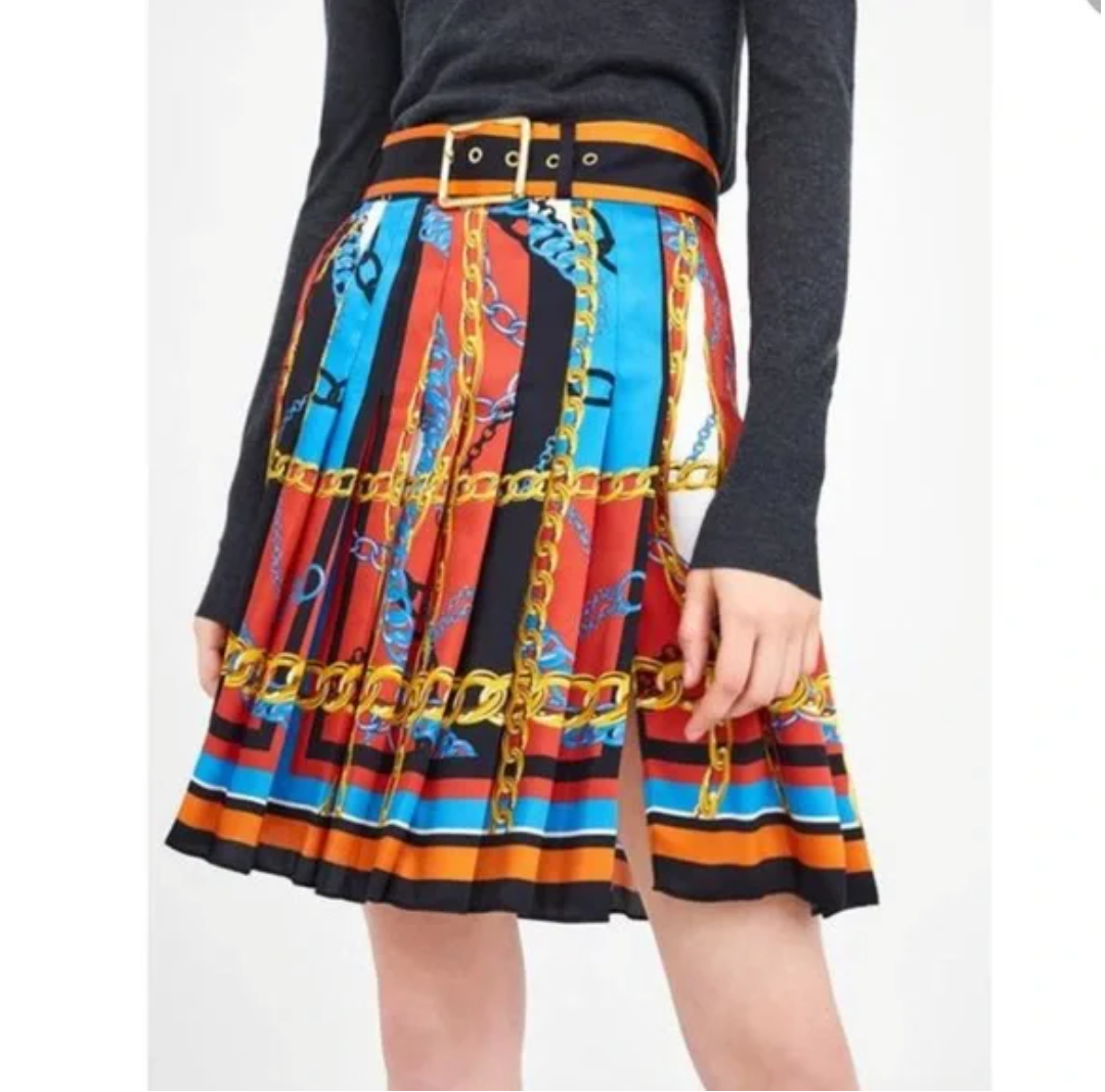 Zara women Multicolor Chain Printed Pleated Skirt XS
