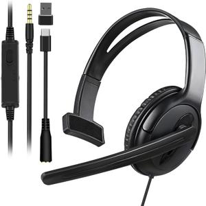 Joso Wired One Ear Headset with Mic, Single Ear Headset for PS5/PS4/Xbox/Switch/PC/iPad/Mac/Tablet with 3.5mm to Type C & USB-A Adapter - Office Business, Remote Work, Coach, Gaming, Chat Headphone