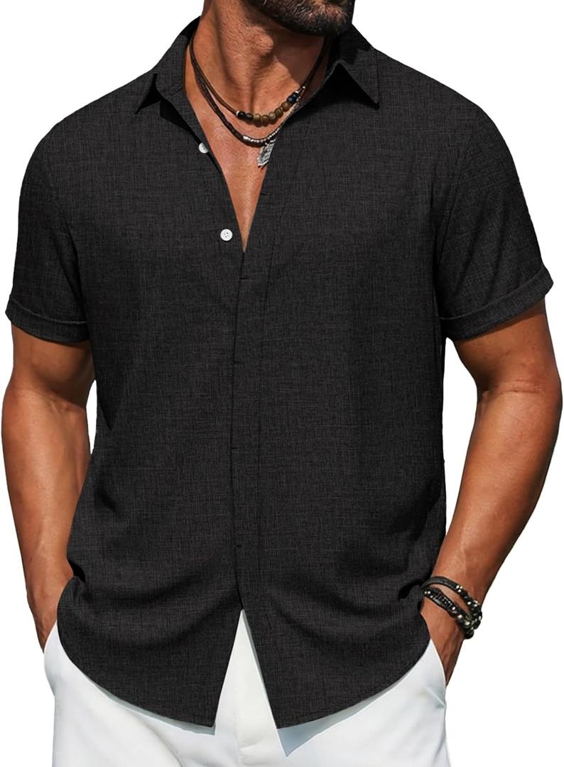 COOFANDY Men's Button Down Short Sleeve Shirts Casual Summer Vacation Shirts Linen Beach Wedding Shirt (Black, L)