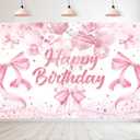 Homewelle Pink White Bowknot Happy Birthday Backdrop 7Wx5H Feet Polyester Fabric Baby Balloons Heart Pearl String Elegant Decoration for Girls Princess Women Photography Background Photo Shoot Props