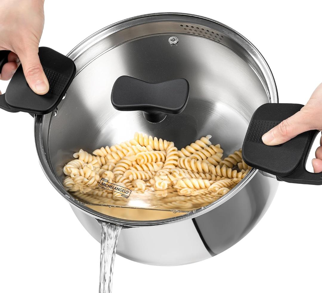 MICHELANGELO Stainless Steel Pasta Pot with Strainer Lid - Pasta Cooker | 6 Quart Induction Pot for All Cooktops, 6 Qt Spaghetti Pots with Strainer Lid