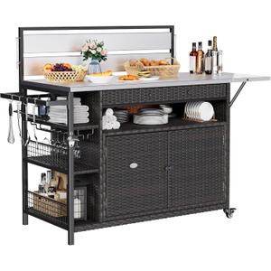 YITAHOME XL Outdoor Kitchen Wicker Island Rolling Cart & Storage Cabinet, Wheels and Stainless Steel Extended Table Top, Side Handle for Patio Kitchen or Bar Cart, Dark Brown