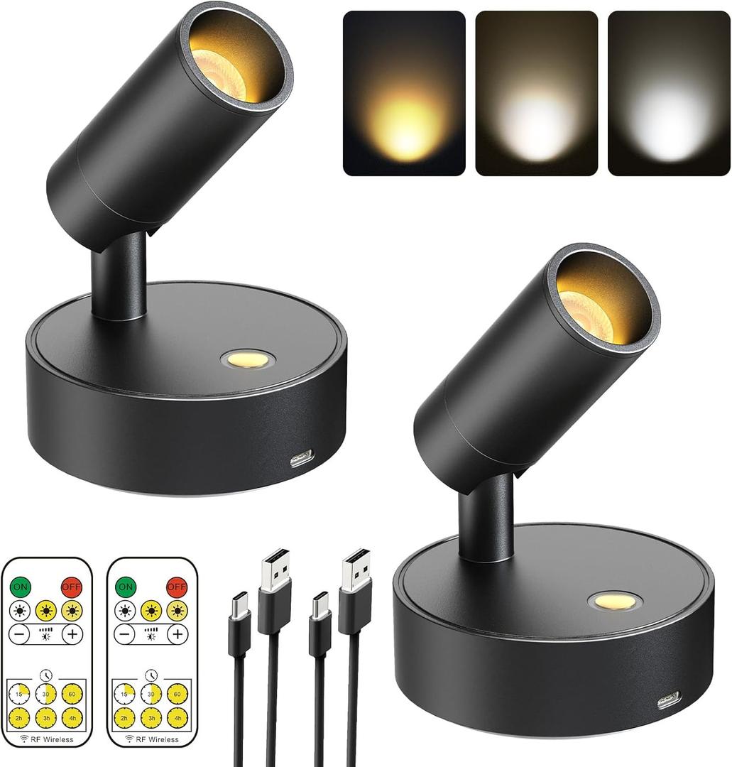 Olafus LED Spotlight Indoor, Rechargeable Battery Uplighting Indoor with TimerDimmable Remote, 3CCT Picture Lights for Wall, Wireless Accent Light for Plants Artwork Painting, 2 Pack Black