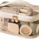 Large Clear Makeup Bag Big Cosmetic Bags Waterproof Toiletry Orangizer with Handle Transparent Toiletries Case Travel Pouch for Women Girls Daily Beauty Purse Essentials Skincare Bag Off White