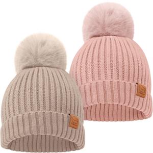 2-Pack Baby Hats for Girls, Boys - Stretchy Baby Beanies, Cute Newborn & Toddler Winter Hat, Soft & Warm Pom Pom Beanie for Infant, Toddler, Boys, Girls 0-6 Months (Fawn, S)