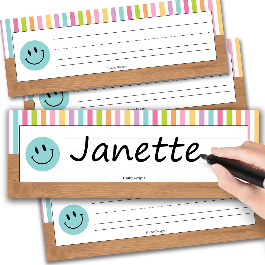 Hadley Designs Desk Name Tags for Classroom - 25 Student Desk Name Plates for Classroom Decor, 9x3 Smiley Nametags Cubby Labels Teacher Supplies, 1st 2nd 3rd Grade Kindergarten Preschool Must Haves
