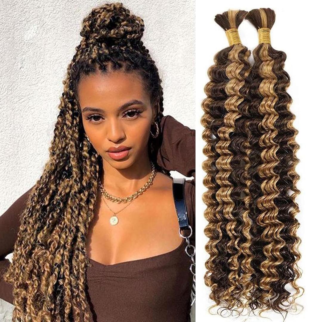 Braiding Human Hair P4/27 Omber Deep Wave Human Hair Bulk 20 Inch Omber Chocolate Light Brown Unprocessed Quick Weave Soft Sewn In Hair Extensions for Black Women