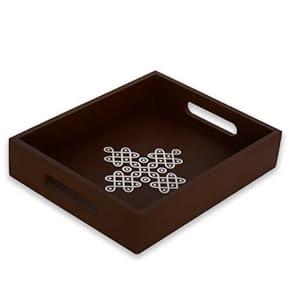 Coffee table tray - decorative trays for home decor - serving trays with handles for kitchen - decor tray - indian return gift, diwali, pooja - 10" X 8" X 2" size, in blue and brown (1, Brown)