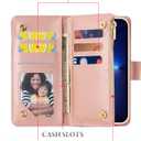 UEEBAI Wallet Case for iPhone 16, PU Leather Wallet Magnetic Closure Handbag Zipper Pocket Cover Kickstand Card Slots with Hand Strap Marple Flip Case for Women - Pink Purple