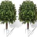 25" Artificial Boxwood Topiary Ball Tree - 2-Pack Realistic Touch Dual-Tone UV-Resistant Outdoor Fake Plant with Triangular Stake & Natural Trunk Texture, Faux Topiary Bush for Garden Porch Decor