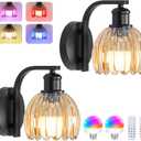VerRon Rechargeable Battery Operated Wall Sconce Set of Two with Amber Glass Lampshade, Wireless Wall Scone Decor with Remote Control, 15 Colors Black Wall Light for Bedside Hallway Bedroom Doorway (2-Pack)