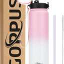 GOPPUS 32 oz Sports Water Bottle 1 Liter Double Wall Insulated Stainless Steel Water Bottles with Straw Lid Reusable Leak proof Metal water bottles with Strap Handle(Pink White 1 lid)