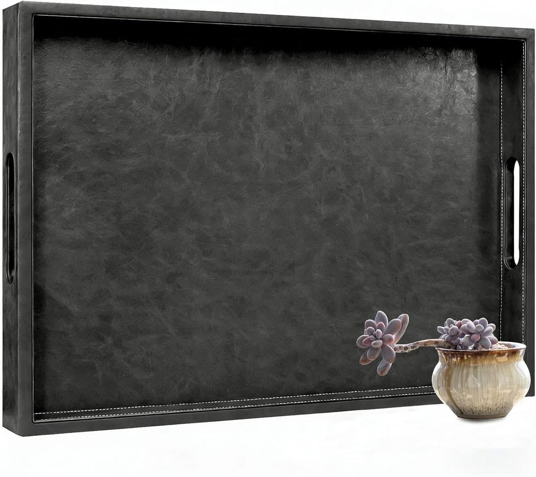 18 x 12 inches Leather Ottoman Serving Tray with Hole Handles, Rectangle Modern Service Tray for Living Room, Coffee Table, Bed, Tea, Food, Butler Countertop, Kitchen, Dinner, Picnic (Black)