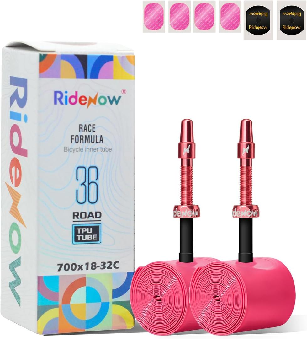 Ridenow 2-Pack Bike Inner Tube for 700/18C-28C, 700/18C-32C,700/28C-38C with 45/65/85 mm Metal &TPU Presta Valves for Road Bikes, Super Light Puncture Resistant (Include Patch Repair Kits)
