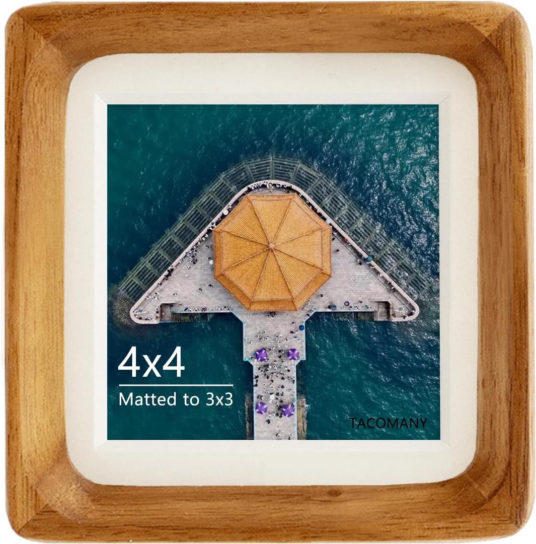 Handcrafted Natural Wood Picture Frame with Mat for Wall and Tabletop display (Teak, 4x4 matted to 3x3)