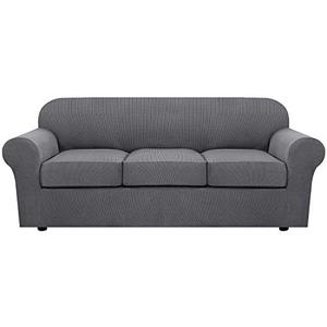 H.VERSAILTEX 4 Piece Stretch Sofa Covers for 3 Cushion Couch Covers for Living Room Furniture Slipcovers (Base Cover Plus 3 Seat Cushion Covers) Upgraded Thicker Jacquard Fabric (Sofa, Grey)