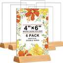 Acrylic Sign Holder 4 x 6 - Wedding Table Number Holder with Wood Base, Double Sided Picture Frames, 6Pack Clear Table Menu Display Stand for Centerpiece,Decoration,Party,Restaurants Office Store