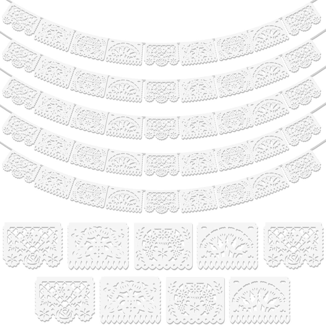 5 Pack White Papel Picado Banner, Cinco De Mayo Plastic Mexican Party Banner Wedding Fiesta Party Decoration May 5 Mexican Themed Party Decor, Mexico Birthday Party Supplies - 4 Patterns/90Ft