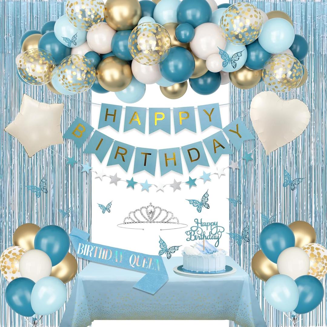 Blue Birthday Decorations for Women Girls, Light Dusty Blue White Sand Foil Balloons Table Cloth Sash Crown Fringe Curtains Happy Birthday Banner Glitter Star Garland Topper Butterfly Party Supplies