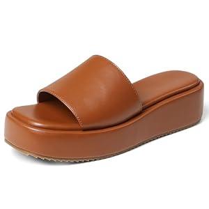 Oiamenne Platform Sandals Women Comfortable Open Toe Wedge Sandals Slip On Platform Slides for Women Padded Summer Casual Beach Shoes Brown Size 8.5