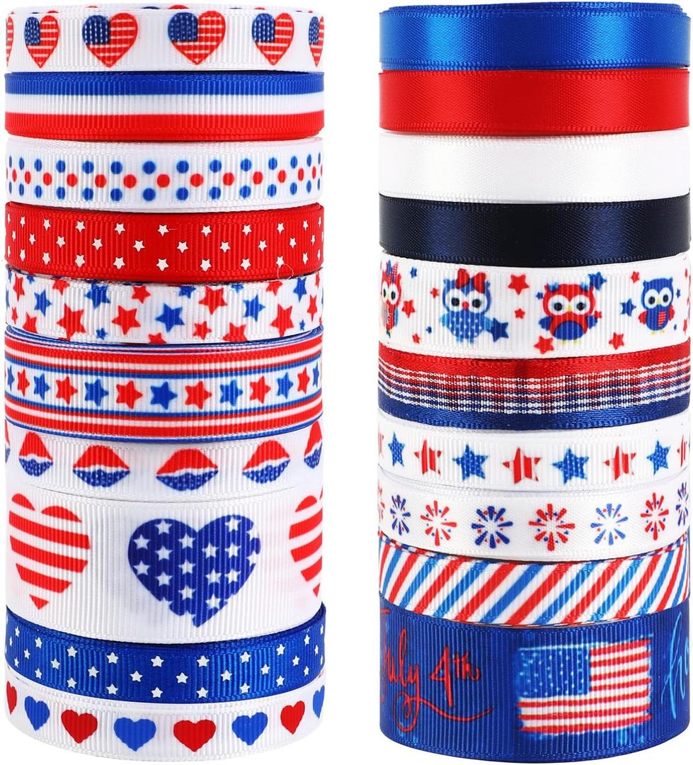AUGSUN 20 Rolls 4th of July Ribbon, Patriotic American Flag Ribbon Red White and Blue Ribbon 40 Yards Grosgrain Ribbon for DIY Crafts Gift Wrapping Party Decor