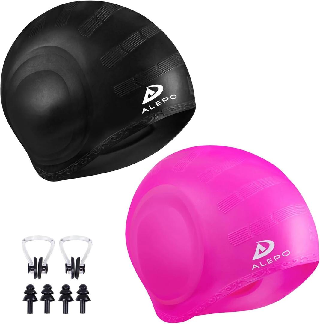 2 Pack Unisex Swim Caps with 3D Ear Protection, Durable Flexible Silicone Swimming Hats for Women Men Kids Adults, Bathing Swimming Caps for Short/Long Hair with Ear Plugs&Nose Clip (Rose Red)