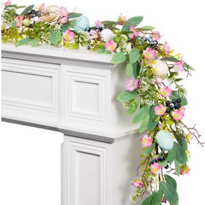 6 FT Pre-Lit Easter Garland with 20 LED Lights & 8 Modes Timer, Lighted Pastel Easter Egg Garland for Mantle Decorations, Greenery Spring Garland with Flower & Berry for Fireplace Table Holiday
