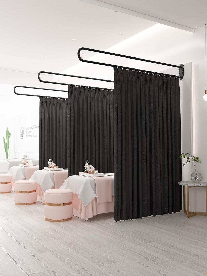 Privacy Partition Curtains with U-Shaped Rod, Privacy Curtains for Room Divider with Metal 6.56ft Flat Hook, Black Wall Mounted Dividing Curtain for Fitting Room Beauty Salon Spa Bedroom