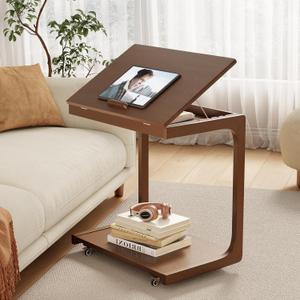 Wooden C-Shaped End Table,Couch Table with Adjustable Desktop,Small Rolling Side Table with 2 Lockable Wheels 23.36" Width,Small End Table for Couch, Living Room,Bedroom (Walnut)